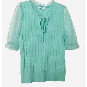 LIQUID BY SIONI SHORT LACE SLEEVE PULL-OVER BLOUSE, WOMENS, L, MINT GREEN, TIE